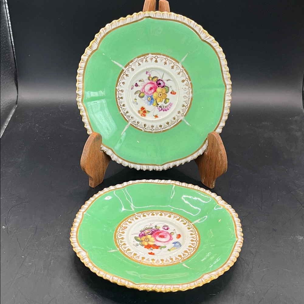 Antique Coalport Hand Painted Pembroke Gold Set of 2 Saucers C. 1827